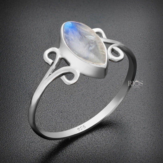 925 Sterling Silver Natural Moonstone Oval Gemstone Women Boho Ring Gift Boxed