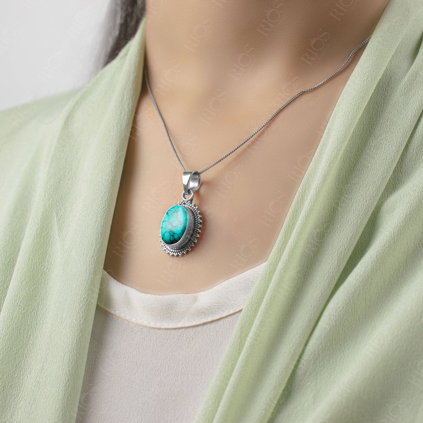 925 Sterling Silver Natural Turquoise Necklace Womens Gifts Oval Pendant Boxed - Rios London