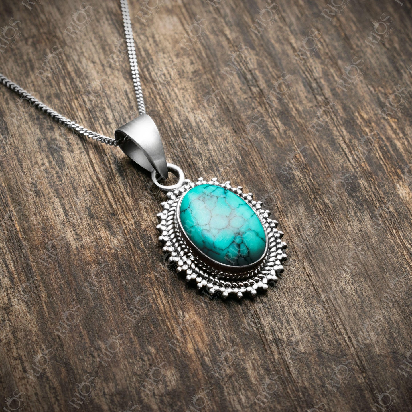 925 Sterling Silver Natural Turquoise Necklace Womens Gifts Oval Pendant Boxed - Rios London