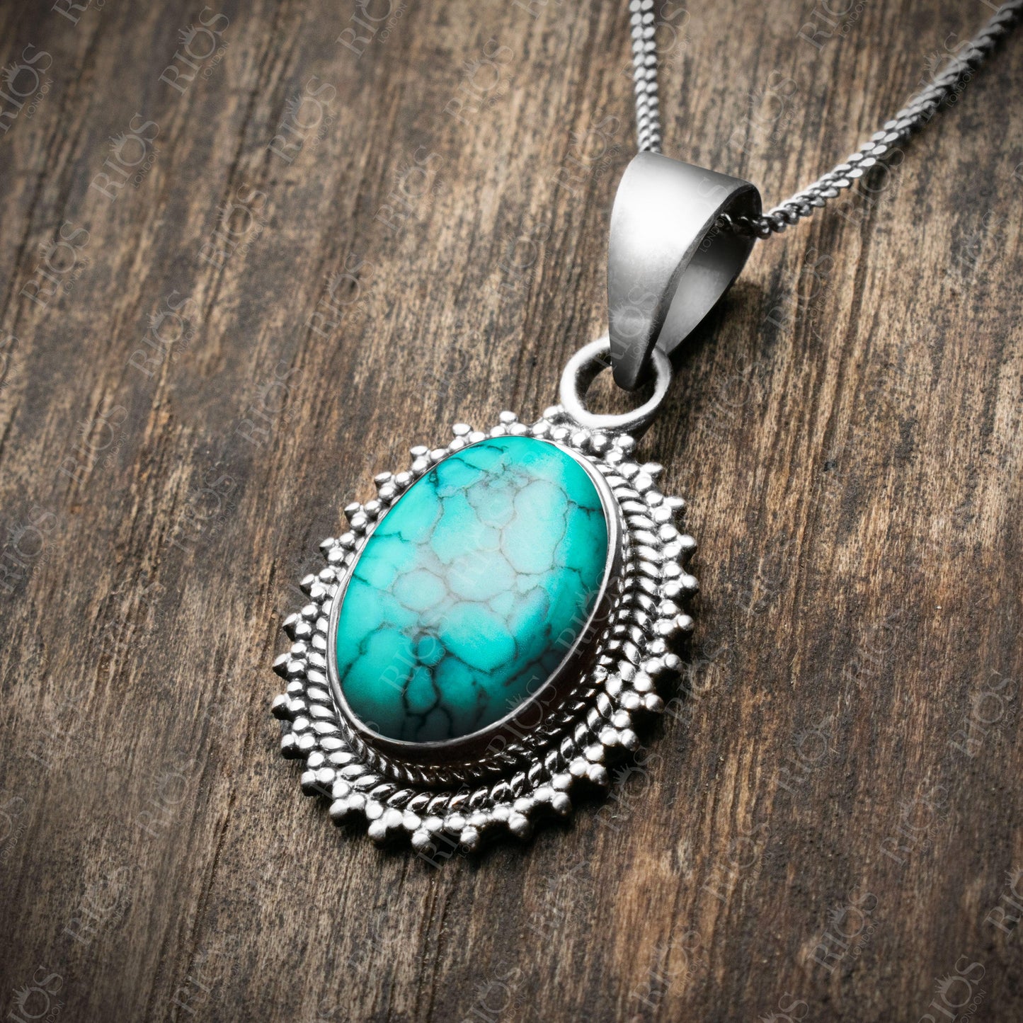 925 Sterling Silver Natural Turquoise Necklace Womens Gifts Oval Pendant Boxed - Rios London