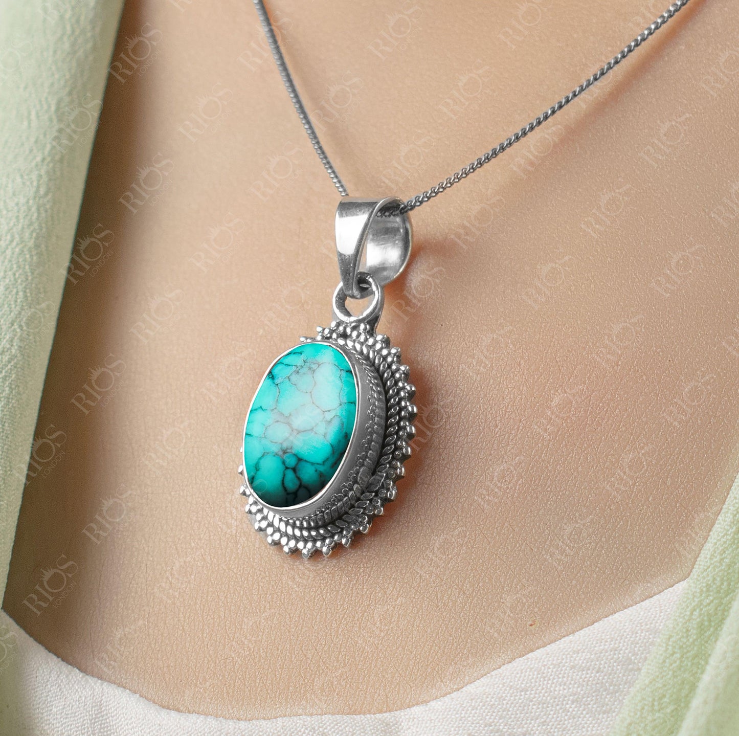 925 Sterling Silver Natural Turquoise Necklace Womens Gifts Oval Pendant Boxed - Rios London
