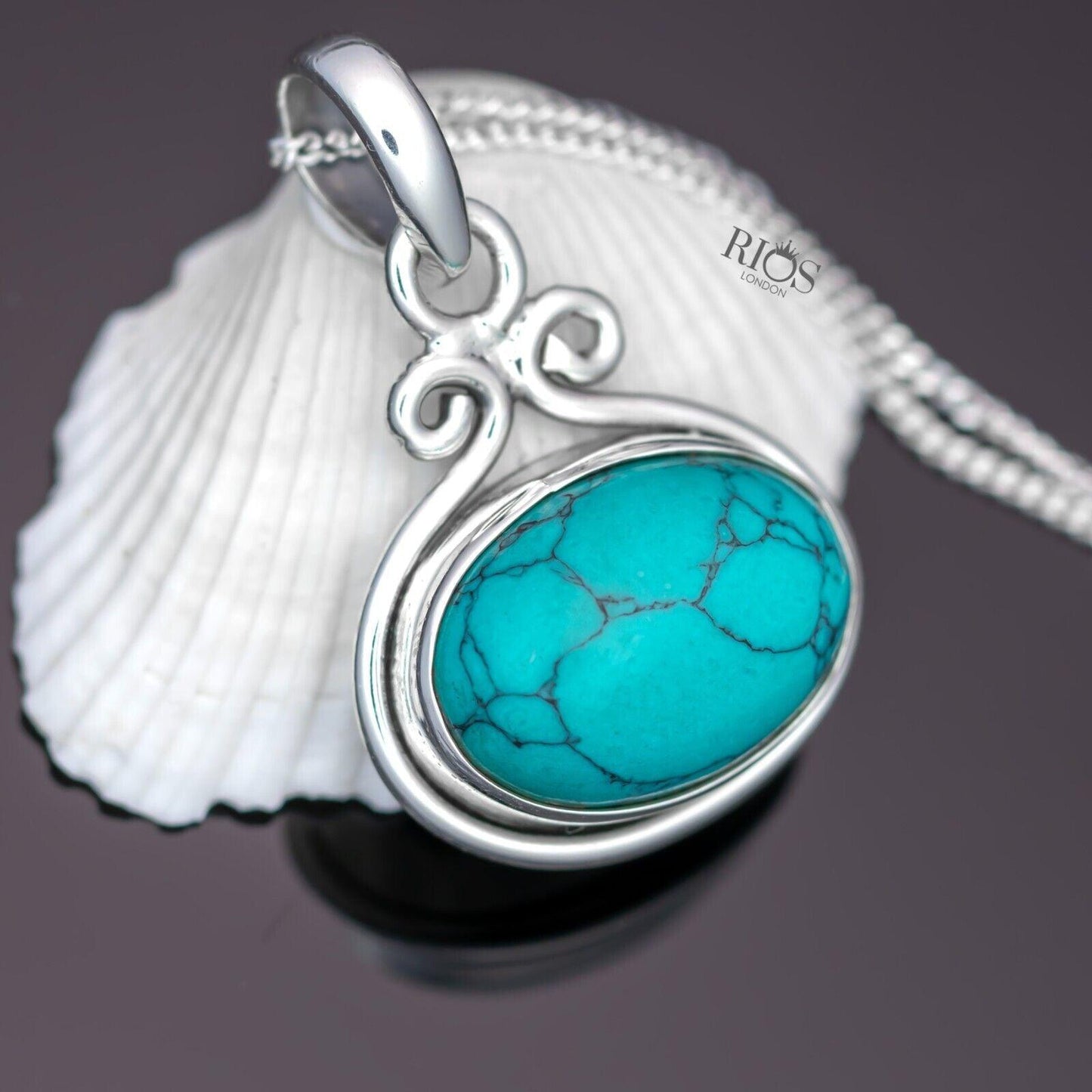 925 Sterling Silver Natural Turquoise Oval Pendant Women Chain Necklace Boxed - Rios London