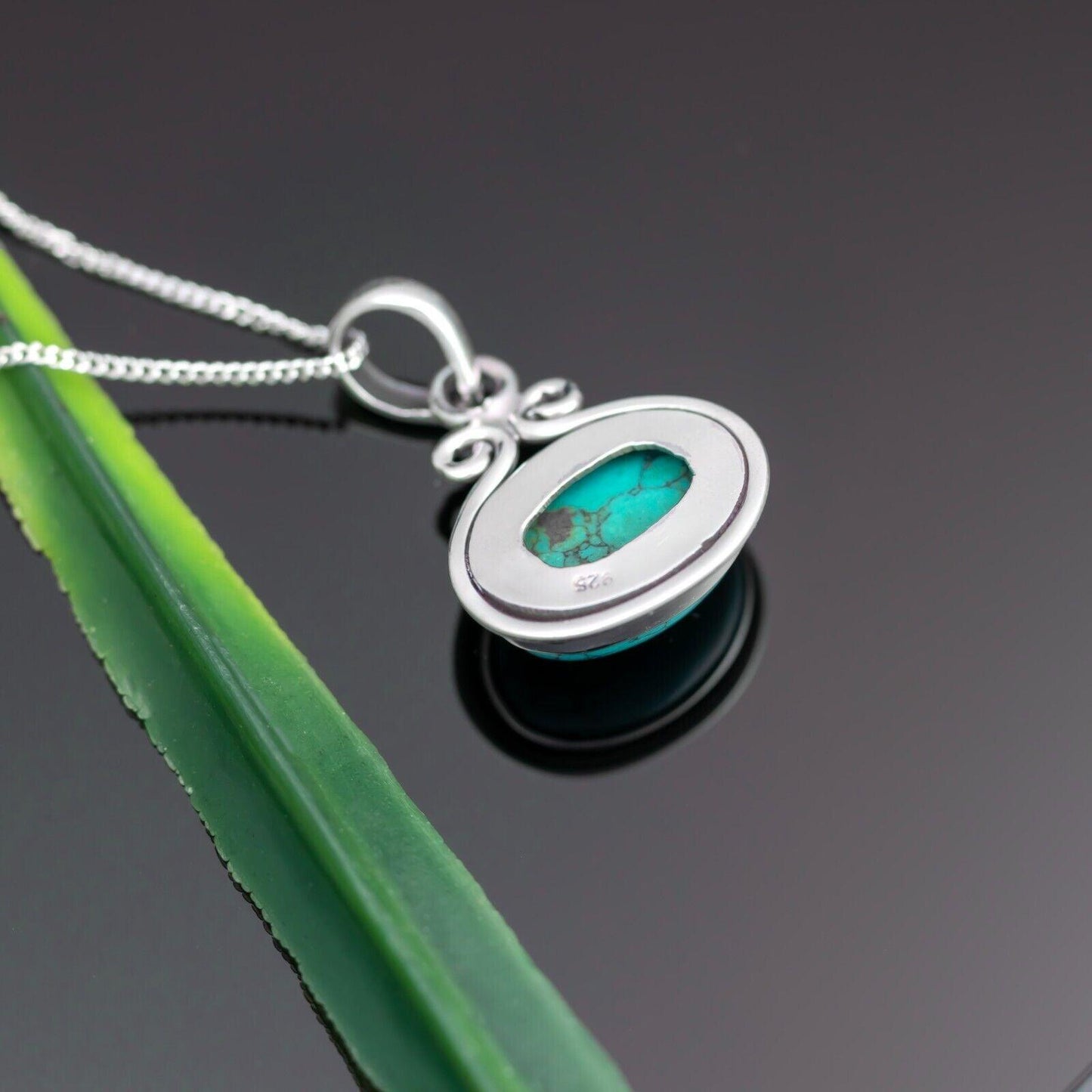 925 Sterling Silver Natural Turquoise Oval Pendant Women Chain Necklace Boxed - Rios London