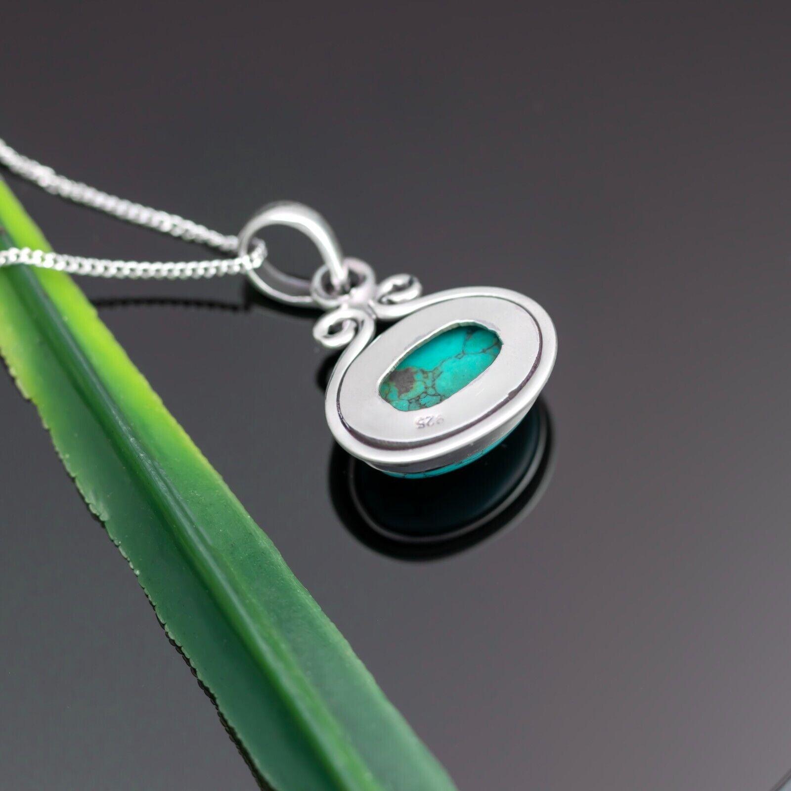 925 Sterling Silver Natural Turquoise Oval Pendant Women Chain Necklace Boxed - Rios London