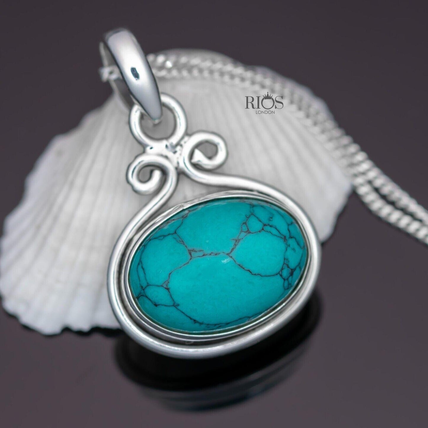 925 Sterling Silver Natural Turquoise Oval Pendant Women Chain Necklace Boxed - Rios London