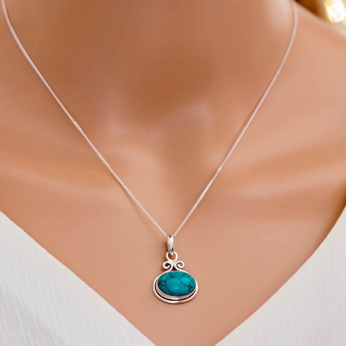 925 Sterling Silver Natural Turquoise Oval Pendant Women Chain Necklace Boxed - Rios London