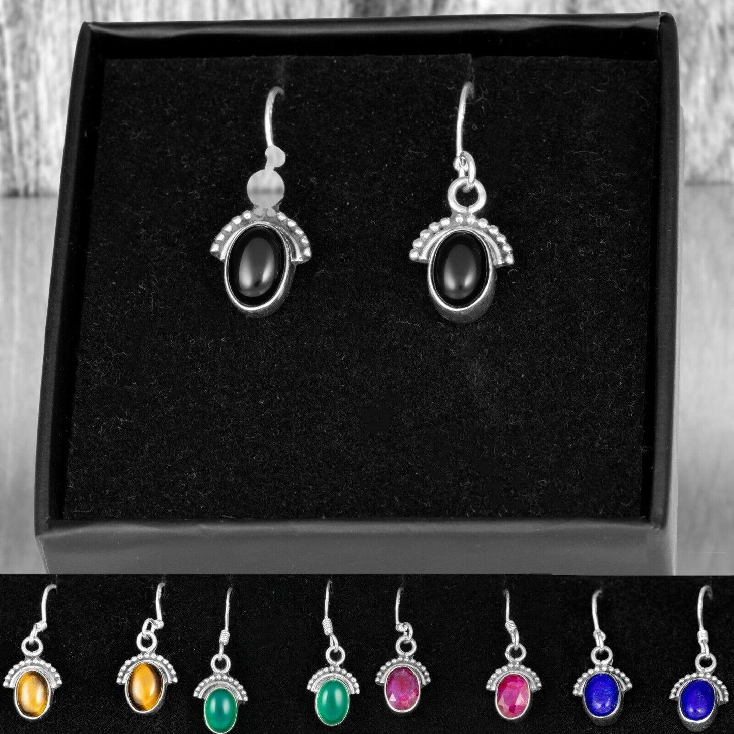 925 Sterling Silver Onyx Half Moon Ear Drop Dangle Oval Earrings Hook Gift Boxed - Rios London