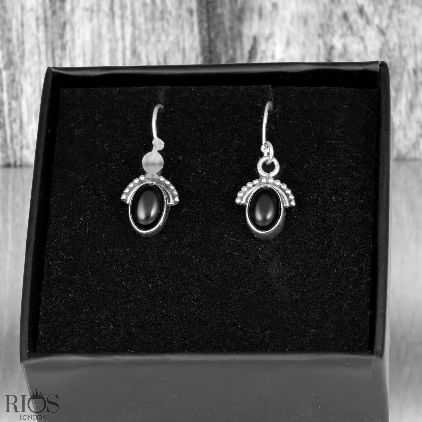 925 Sterling Silver Onyx Half Moon Ear Drop Dangle Oval Earrings Hook Gift Boxed - Rios London
