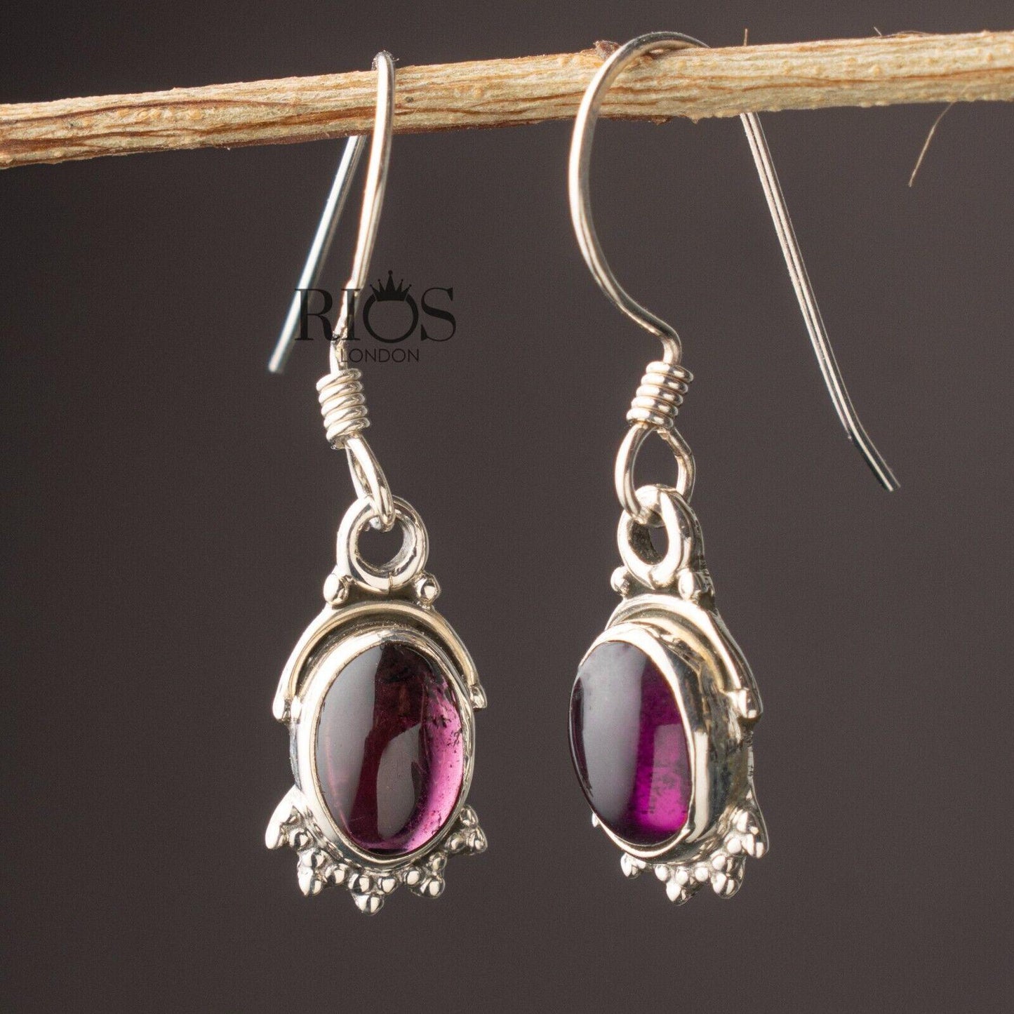 925 Sterling Silver Oval Natural Garnet Dangle Drop Earrings Studs Gift Boxed