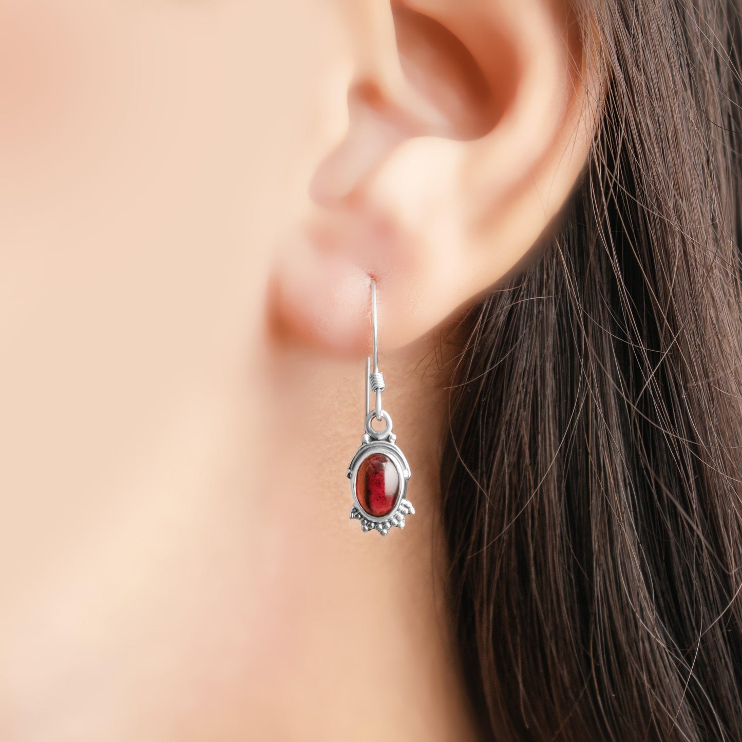 925 Sterling Silver Oval Natural Garnet Dangle Drop Earrings Studs Gift Boxed