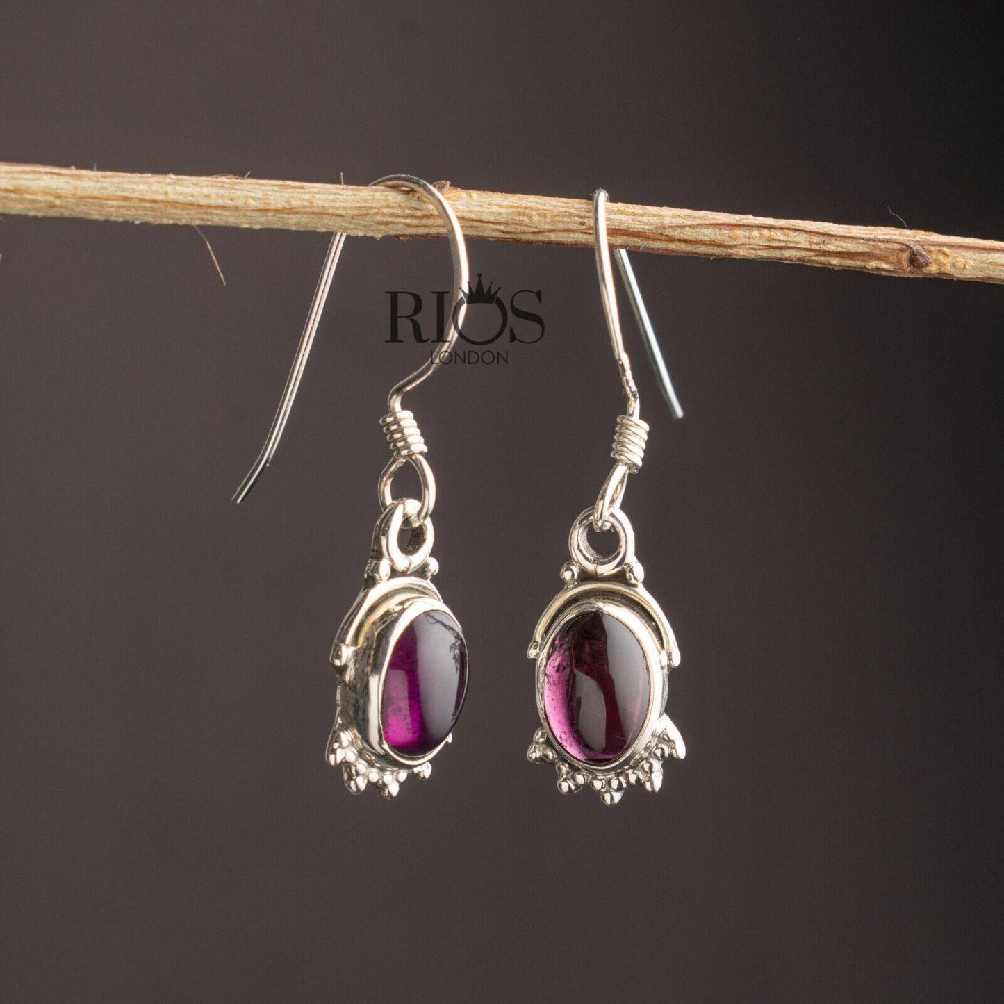 925 Sterling Silver Oval Natural Garnet Dangle Drop Earrings Studs Gift Boxed