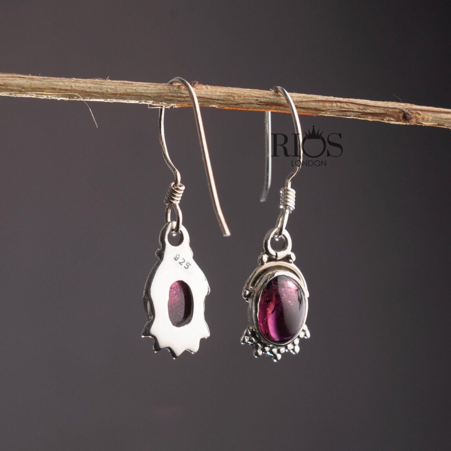 925 Sterling Silver Oval Natural Garnet Dangle Drop Earrings Studs Gift Boxed