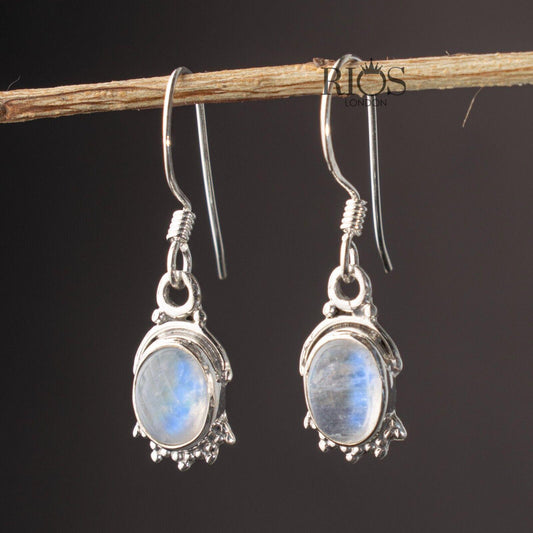 925 Sterling Silver Oval Natural Moonstone Dangle Drop Earrings Studs Gift Boxed