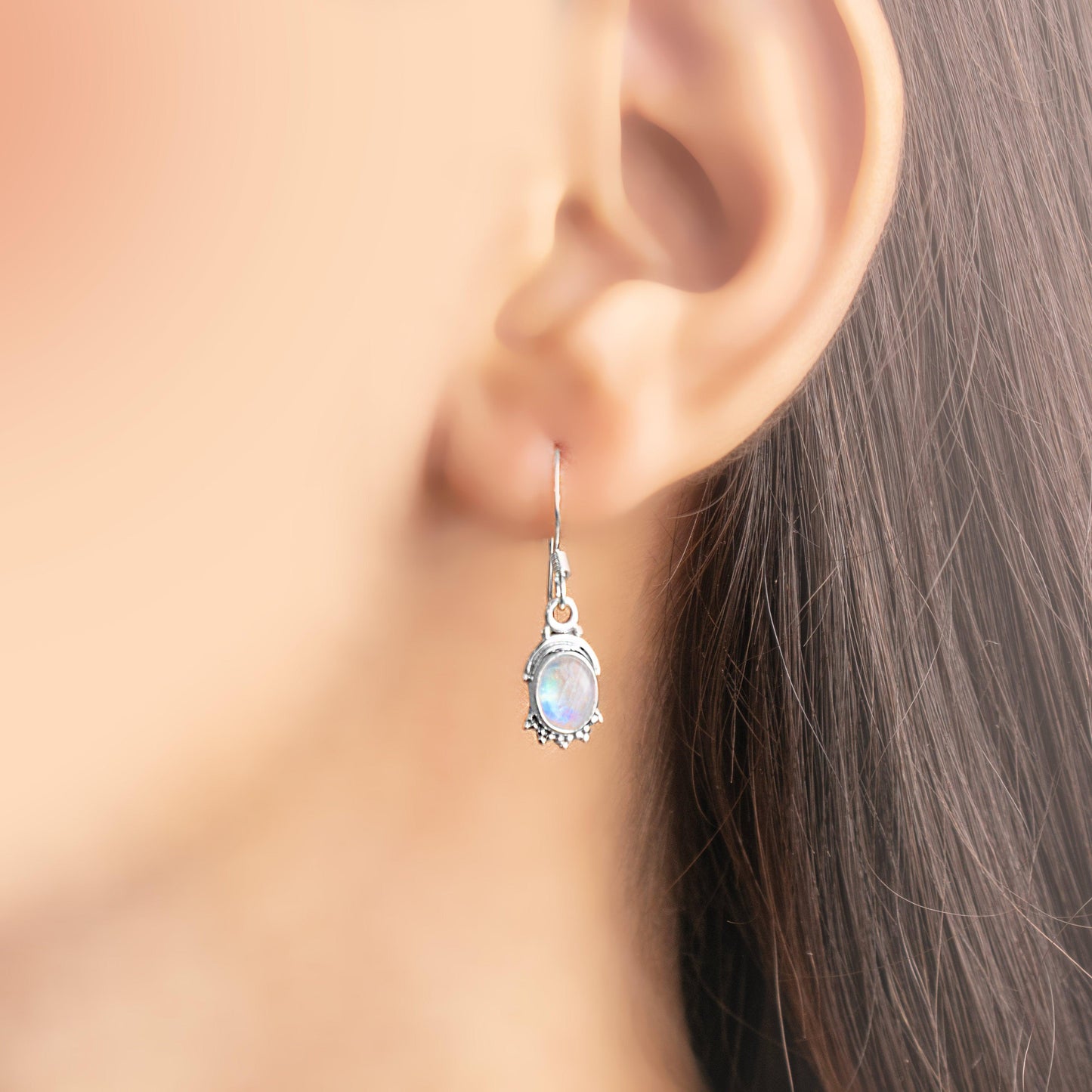 925 Sterling Silver Oval Natural Moonstone Dangle Drop Earrings Studs Gift Boxed