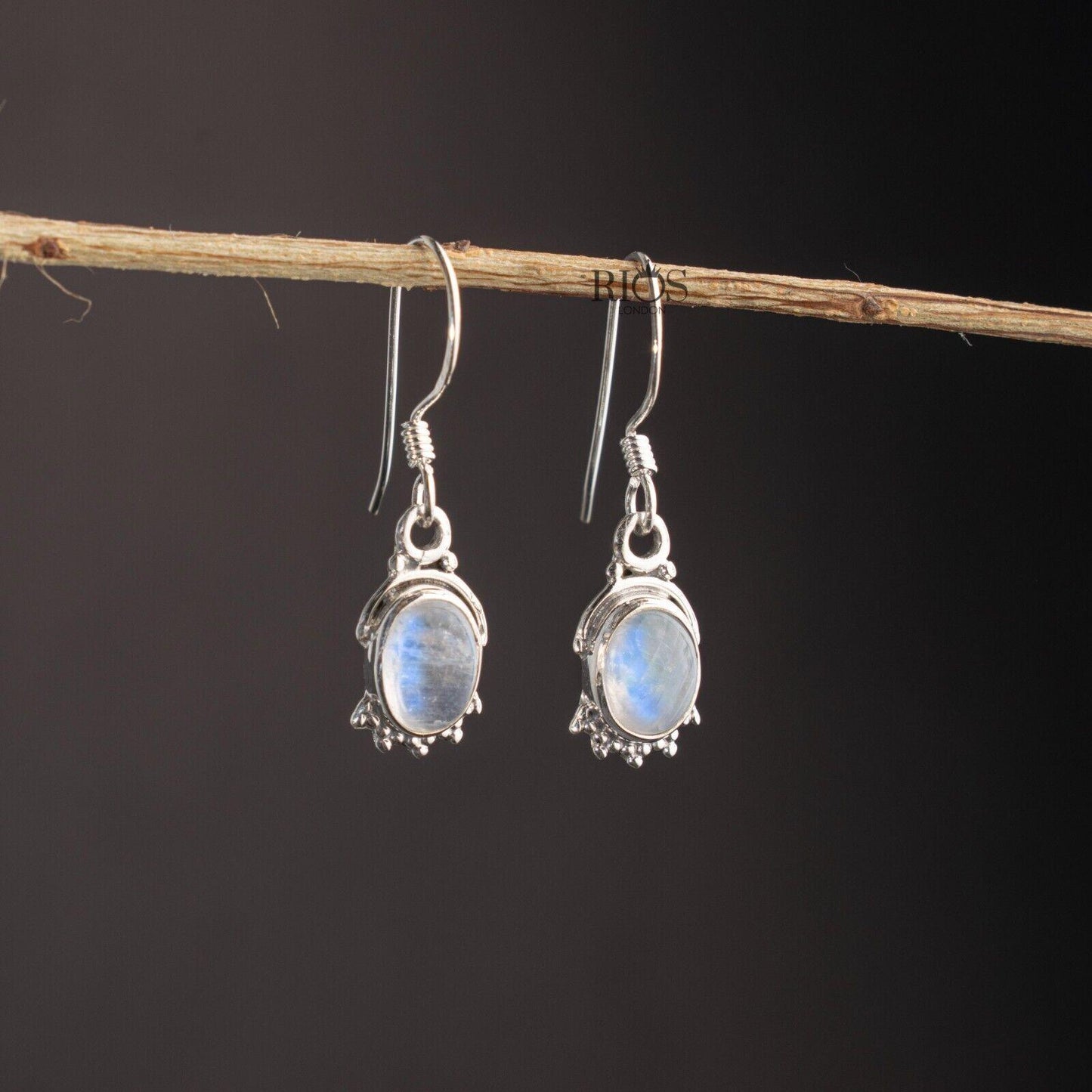 925 Sterling Silver Oval Natural Moonstone Dangle Drop Earrings Studs Gift Boxed