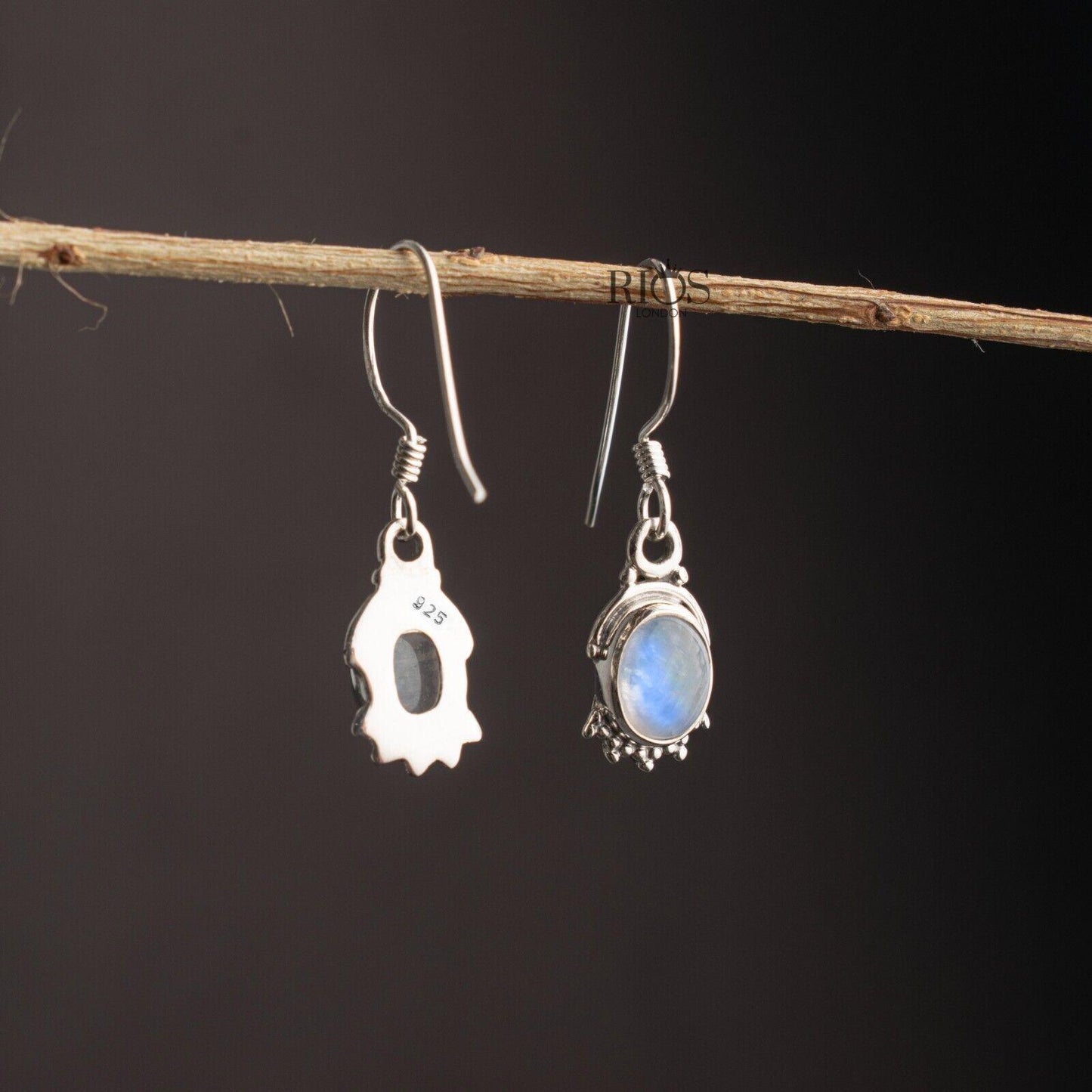 925 Sterling Silver Oval Natural Moonstone Dangle Drop Earrings Studs Gift Boxed