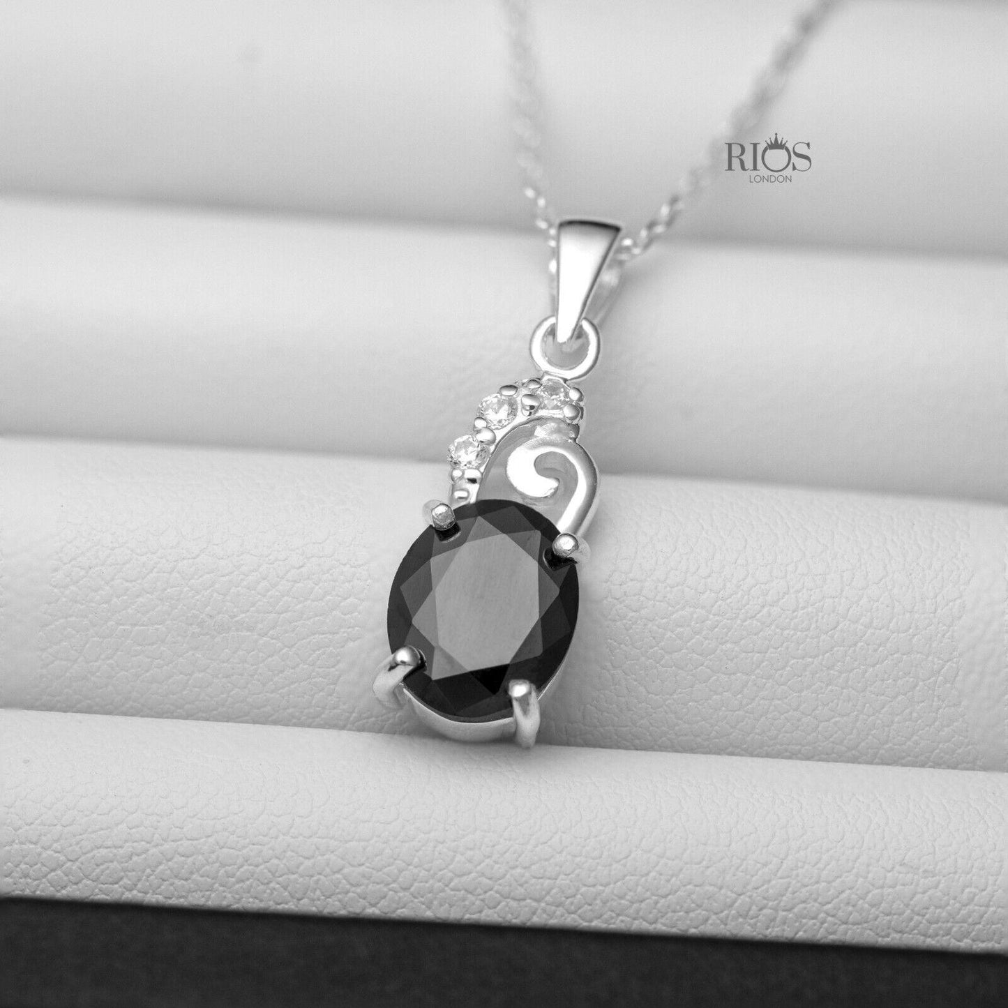925 Sterling Silver Oval Pendant Necklace Lab-Created Onyx Gemstone Gift Boxed - Rios London