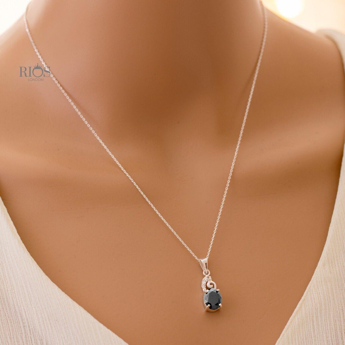 925 Sterling Silver Oval Pendant Necklace Lab-Created Onyx Gemstone Gift Boxed - Rios London