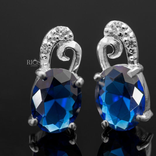 925 Sterling Silver Oval Push Back Blue Sapphire Lab-Created Earrings Stud Boxed - Rios London