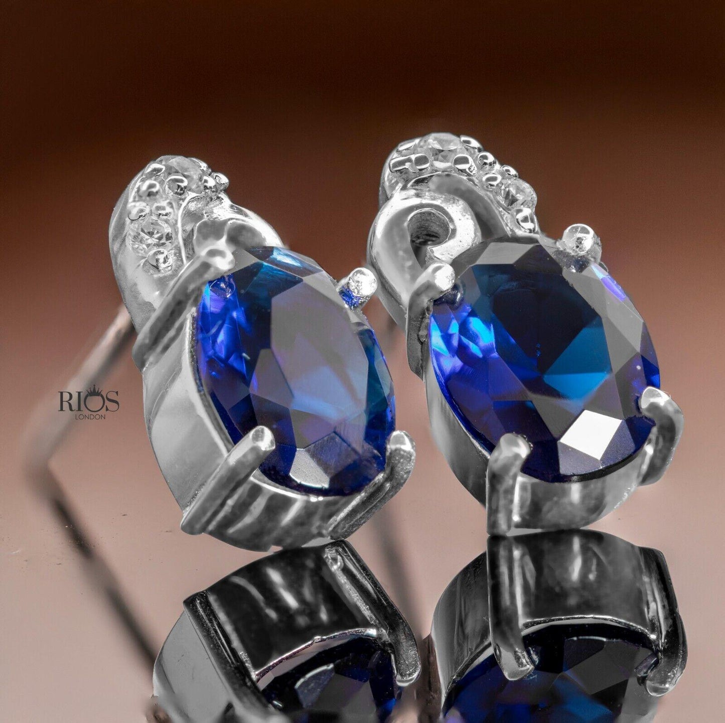 925 Sterling Silver Oval Push Back Blue Sapphire Lab-Created Earrings Stud Boxed - Rios London