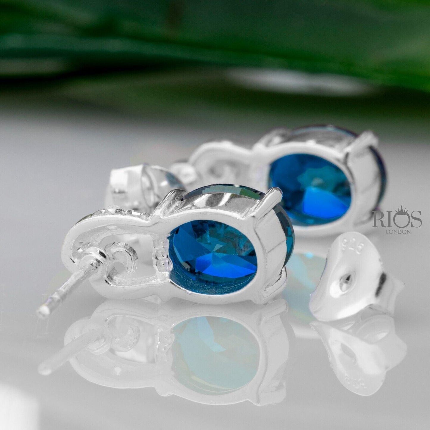 925 Sterling Silver Oval Push Back Blue Sapphire Lab-Created Earrings Stud Boxed - Rios London