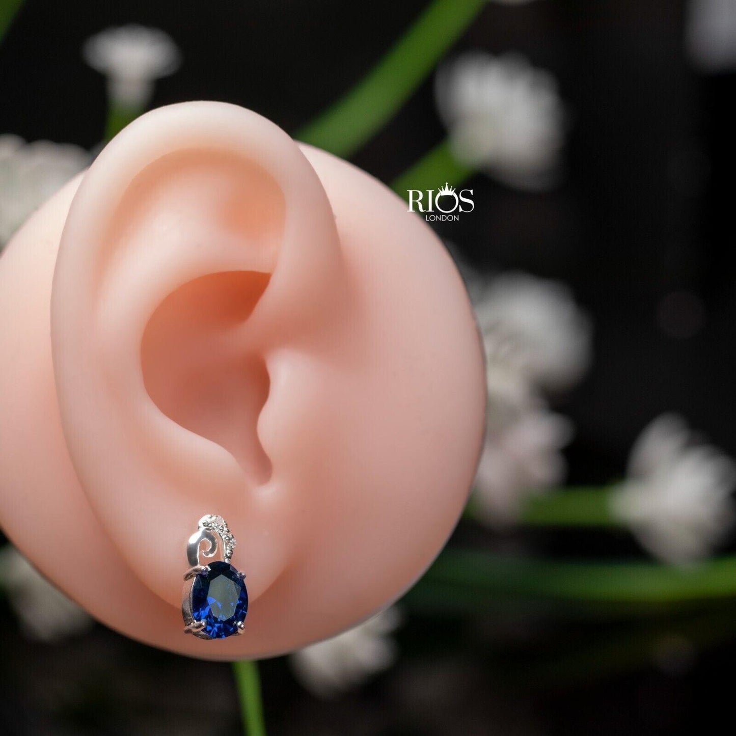 925 Sterling Silver Oval Push Back Blue Sapphire Lab-Created Earrings Stud Boxed - Rios London