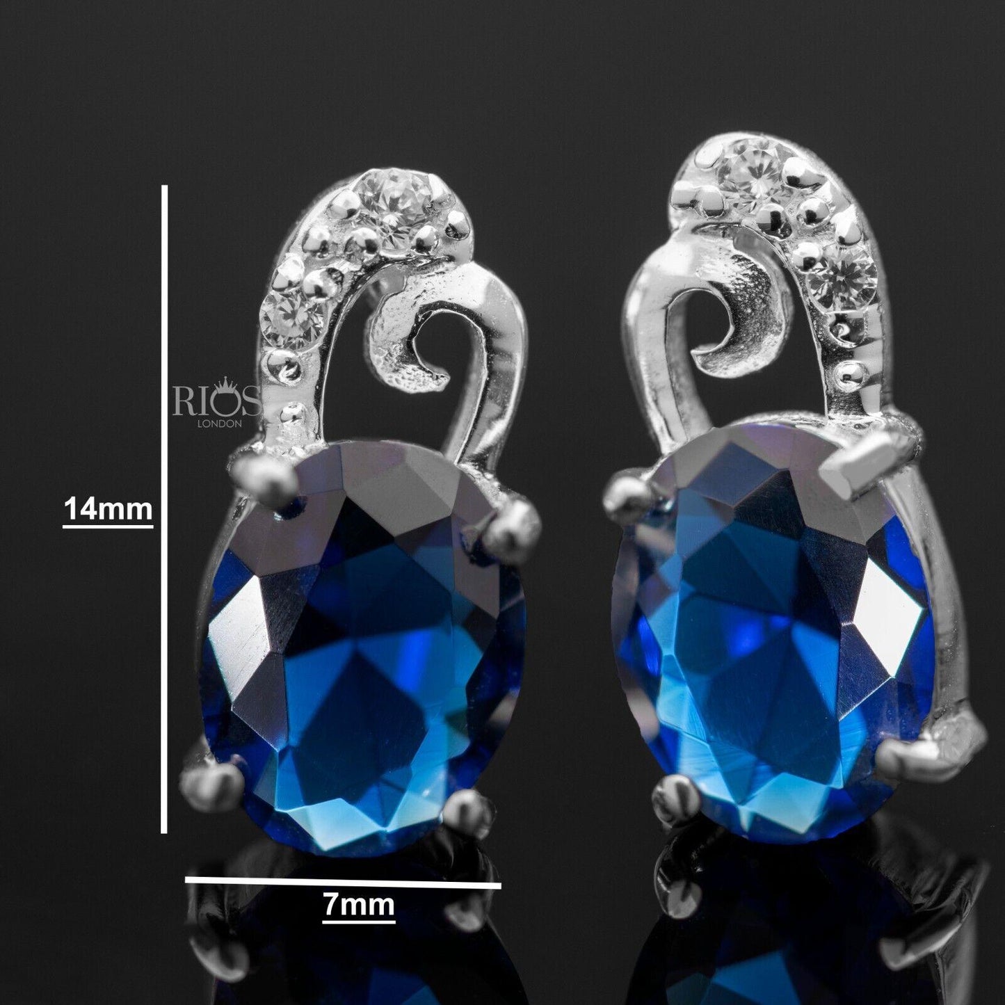 925 Sterling Silver Oval Push Back Blue Sapphire Lab-Created Earrings Stud Boxed - Rios London