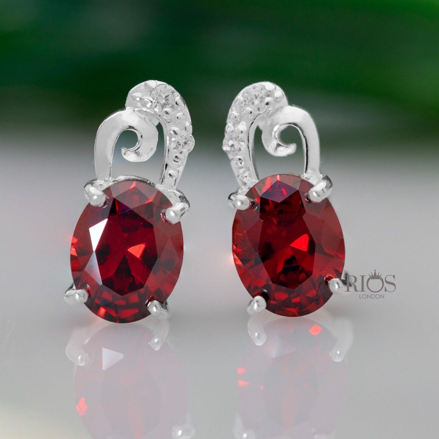 925 Sterling Silver Oval Push Back Red Garnet lab-Created Earrings Studs Boxed - Rios London