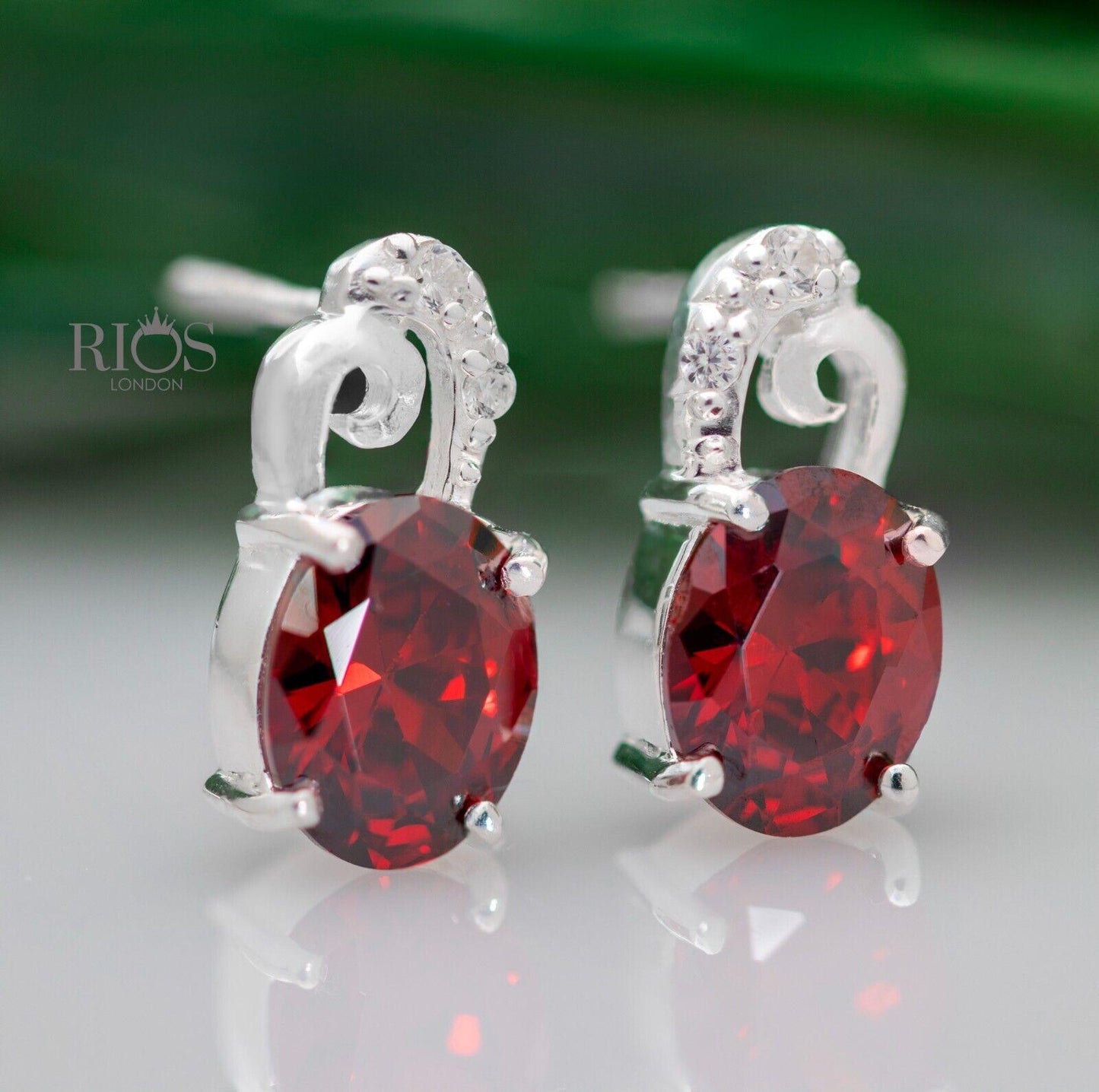 925 Sterling Silver Oval Push Back Red Garnet lab-Created Earrings Studs Boxed - Rios London