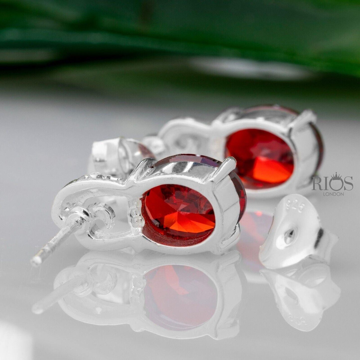 925 Sterling Silver Oval Push Back Red Garnet lab-Created Earrings Studs Boxed - Rios London