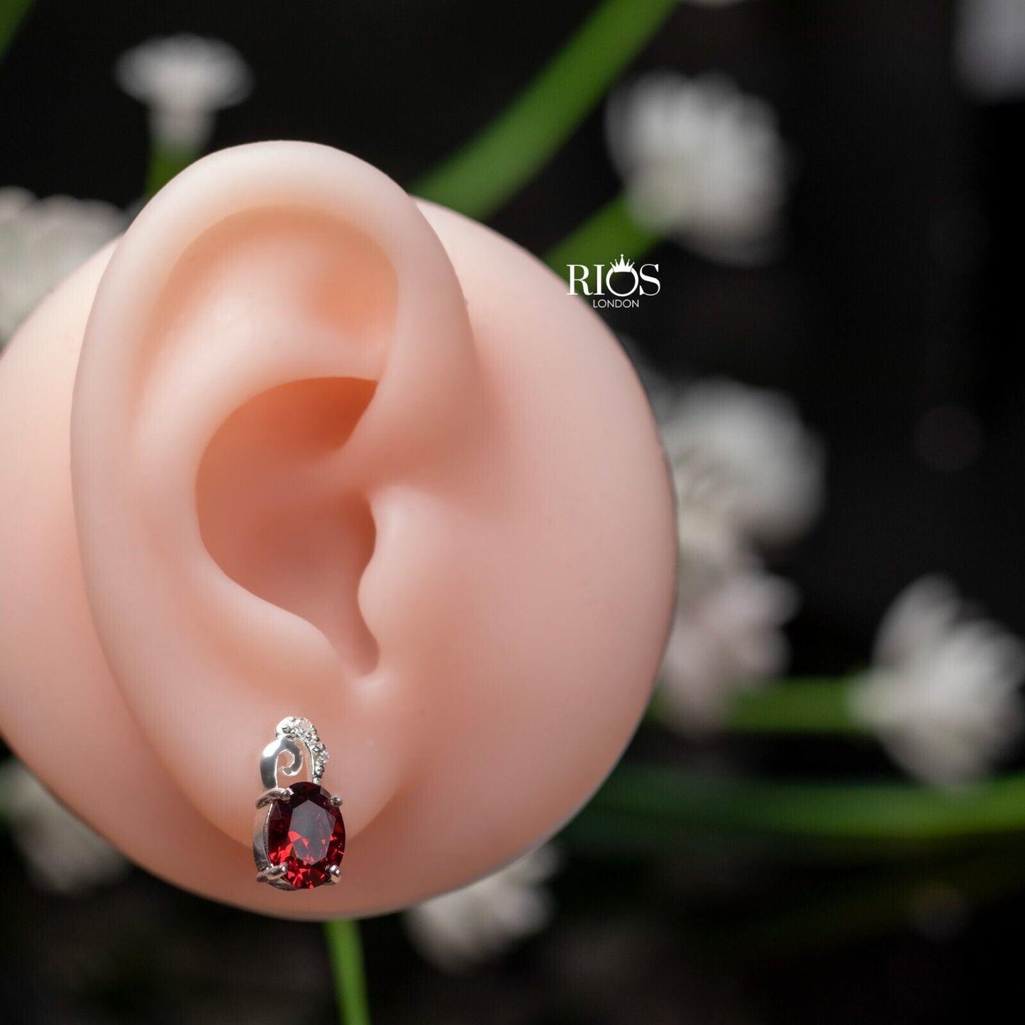 925 Sterling Silver Oval Push Back Red Garnet lab-Created Earrings Studs Boxed - Rios London