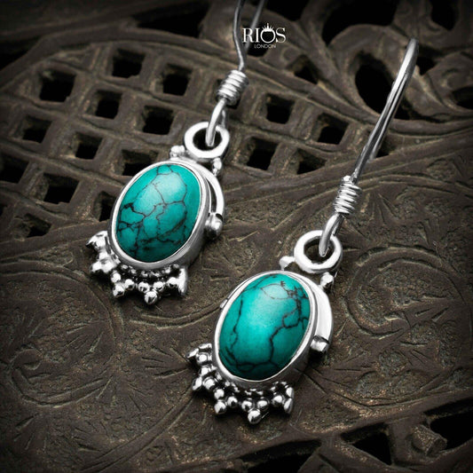 925 Sterling Silver Oval Turquoise Dangle Drop Earrings Studs Gift Boxed