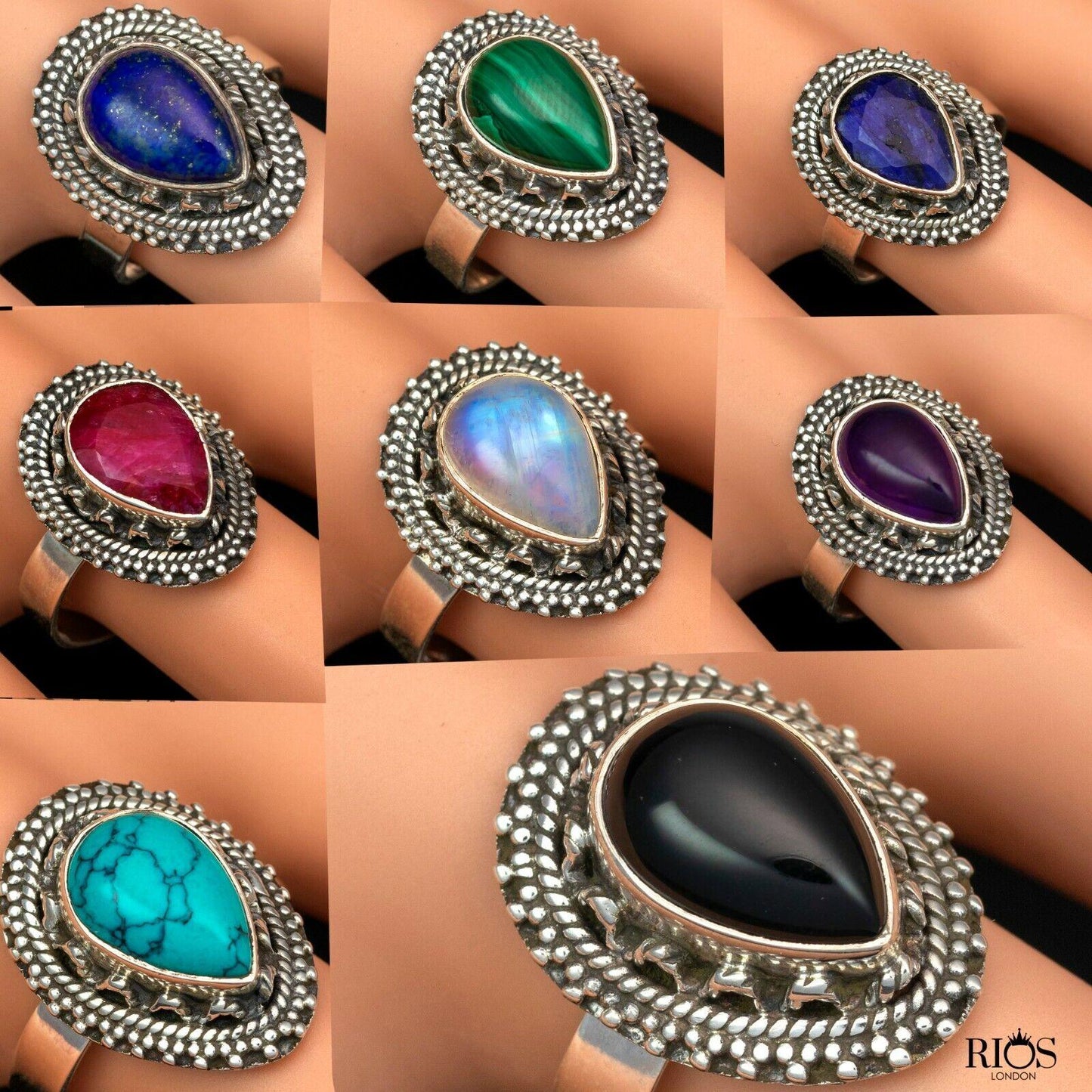 925 Sterling Silver Pear Natural ONYX Black Teardrop Gemstone Ring Gift Boxed