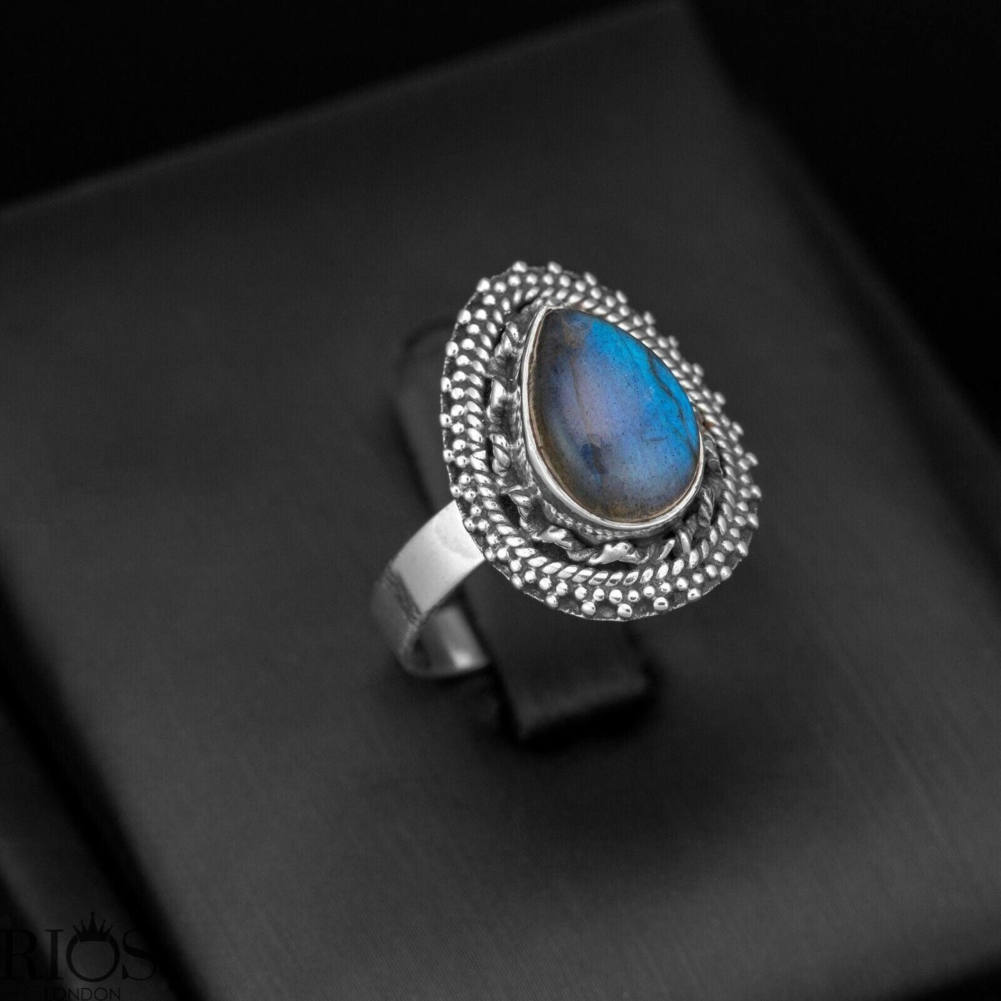 925 Sterling Silver Pear Natural ONYX Black Teardrop Gemstone Ring Gift Boxed