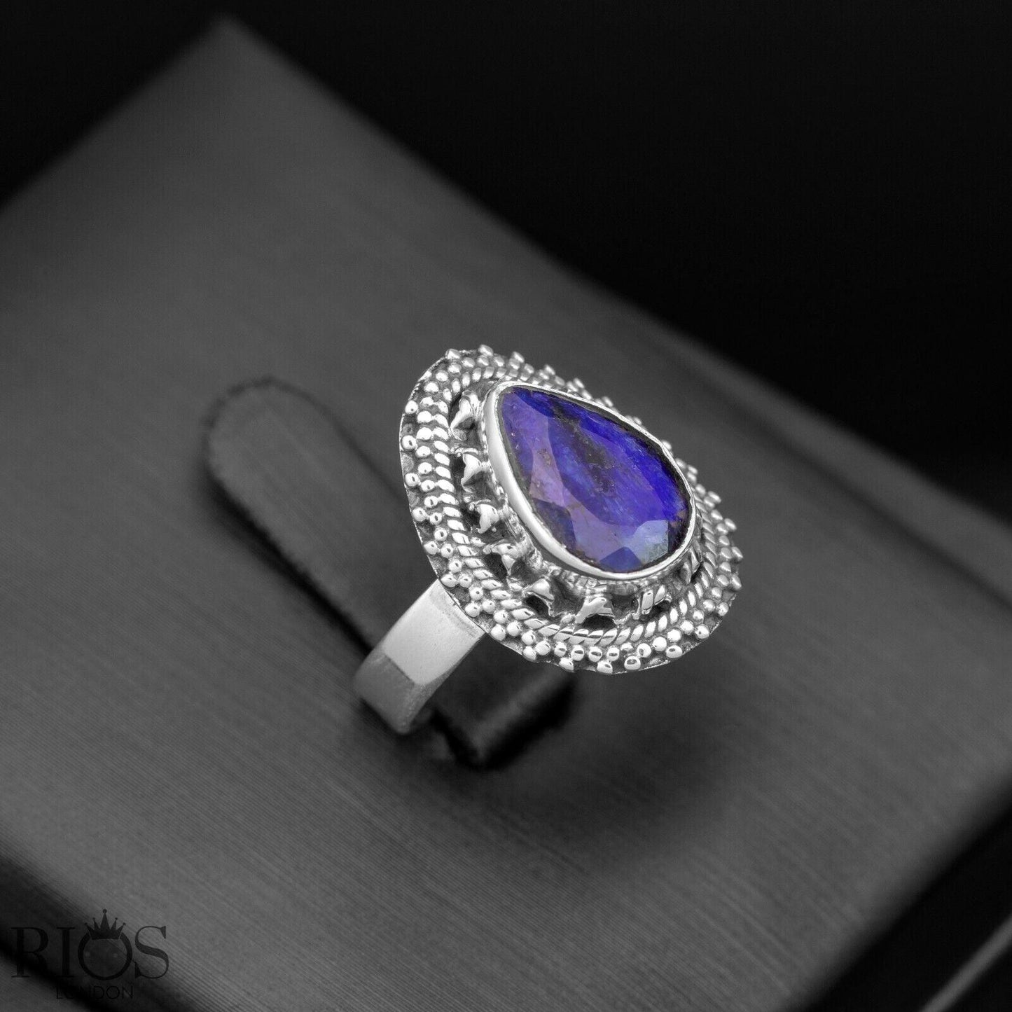 925 Sterling Silver Pear Natural ONYX Black Teardrop Gemstone Ring Gift Boxed
