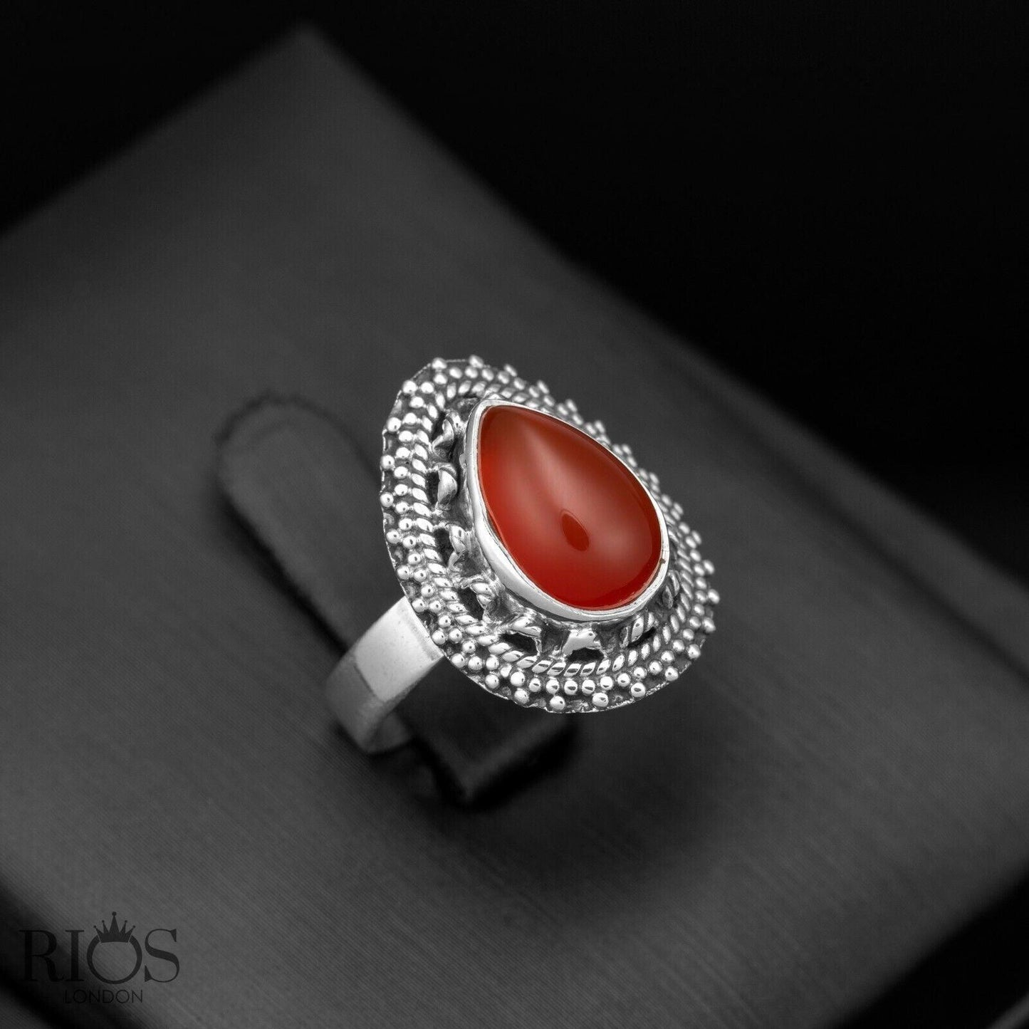 925 Sterling Silver Pear Natural ONYX Black Teardrop Gemstone Ring Gift Boxed