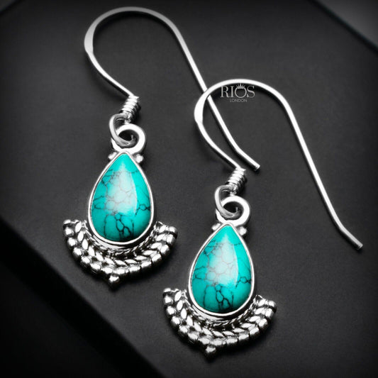 925 Sterling Silver Pear Turquoise Dangle Earrings Ear Drop Studs Gift Boxed