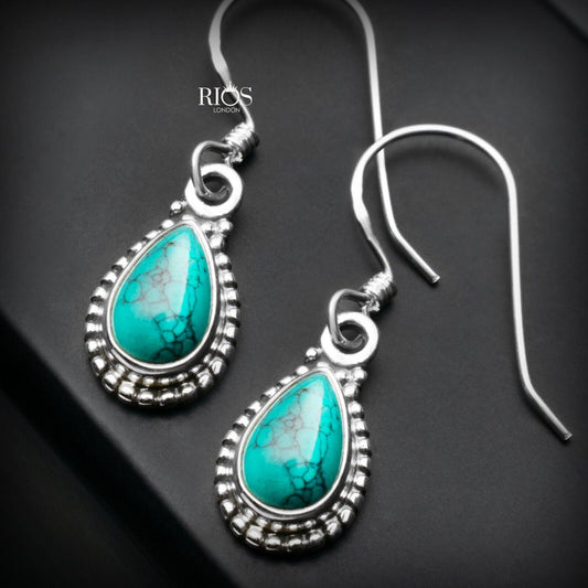 925 Sterling Silver Pear Turquoise Dangle Earrings Ear Drop Studs Gift Boxed