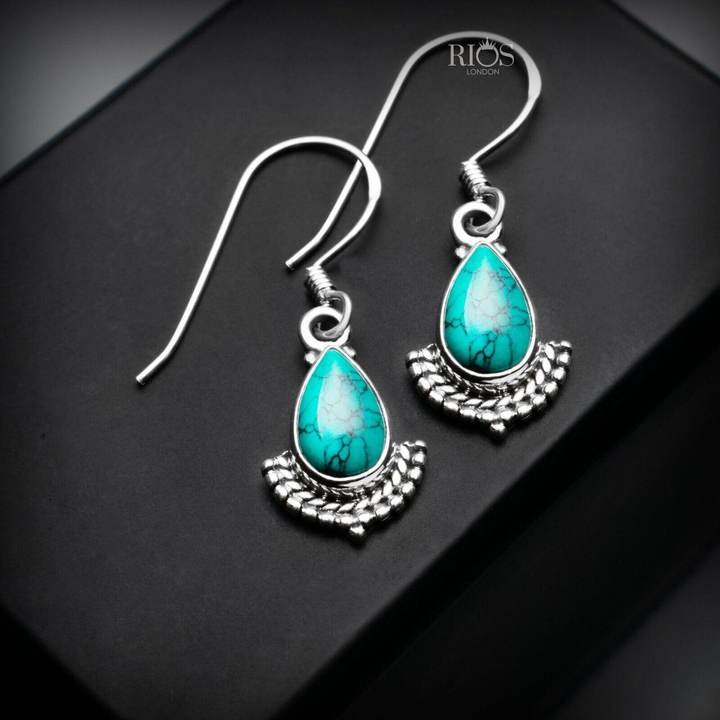 925 Sterling Silver Pear Turquoise Dangle Earrings Ear Drop Studs Gift Boxed