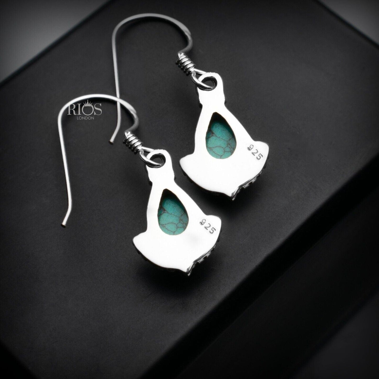 925 Sterling Silver Pear Turquoise Dangle Earrings Ear Drop Studs Gift Boxed