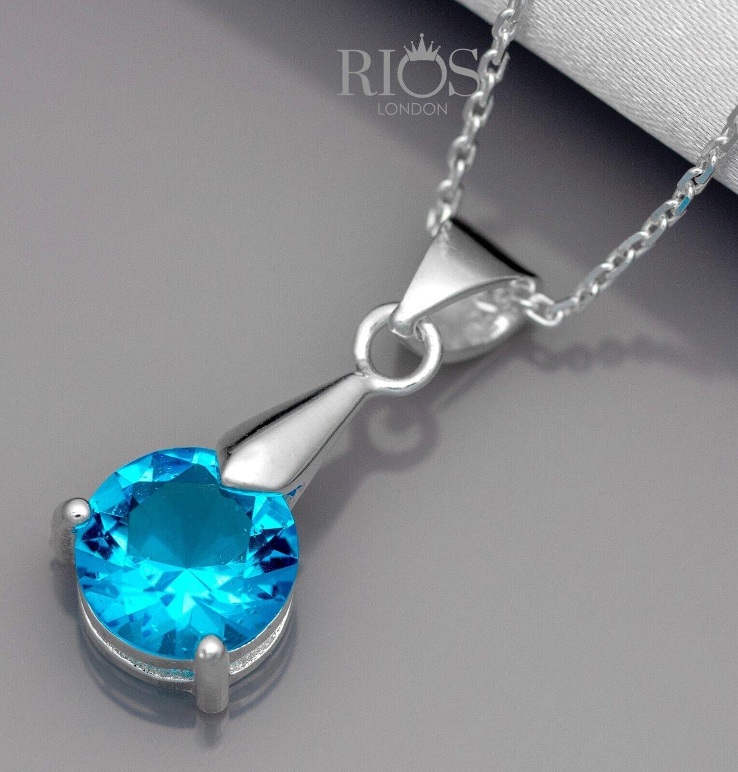 925 Sterling Silver Pendant Necklace Lab-Created Blue Topaz Gemstone Gift Boxed - Rios London