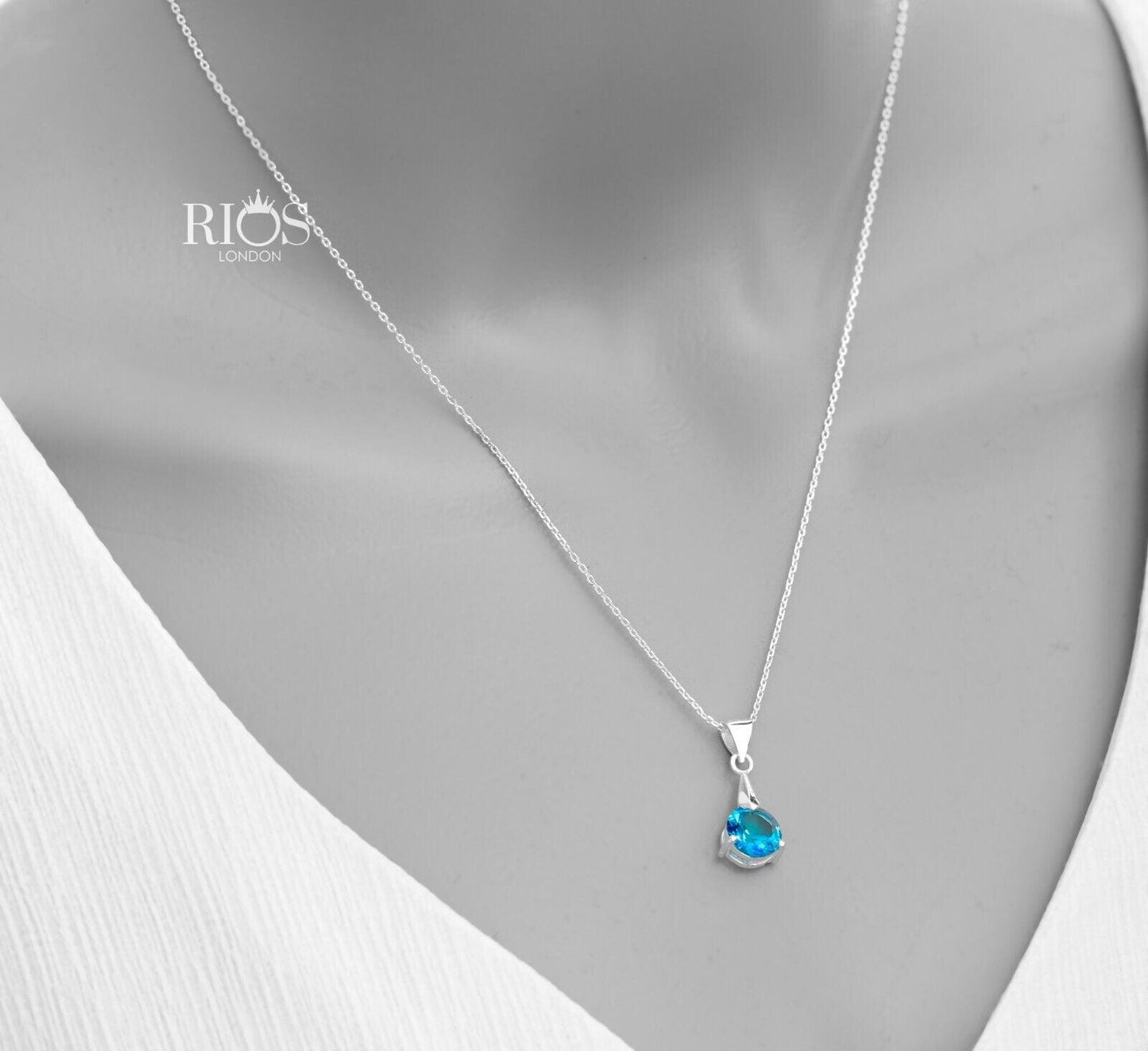 925 Sterling Silver Pendant Necklace Lab-Created Blue Topaz Gemstone Gift Boxed - Rios London