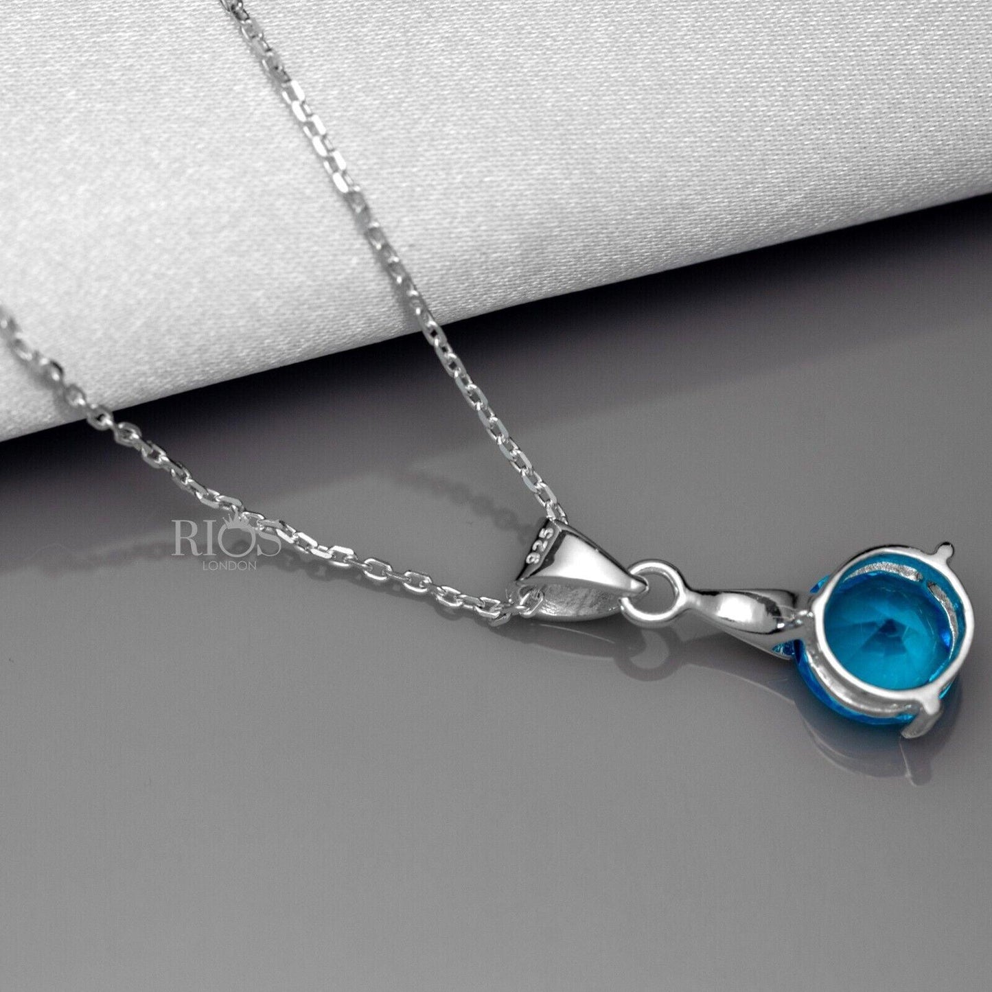 925 Sterling Silver Pendant Necklace Lab-Created Blue Topaz Gemstone Gift Boxed - Rios London