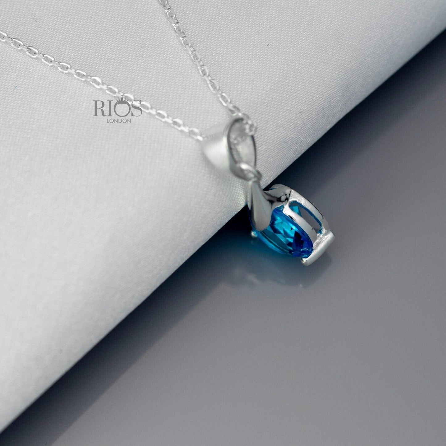 925 Sterling Silver Pendant Necklace Lab-Created Blue Topaz Gemstone Gift Boxed - Rios London