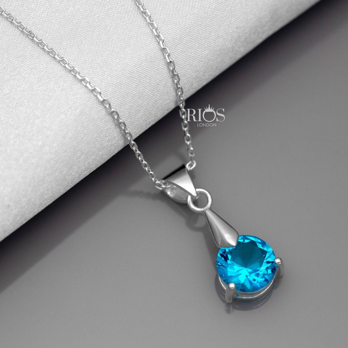925 Sterling Silver Pendant Necklace Lab-Created Blue Topaz Gemstone Gift Boxed - Rios London