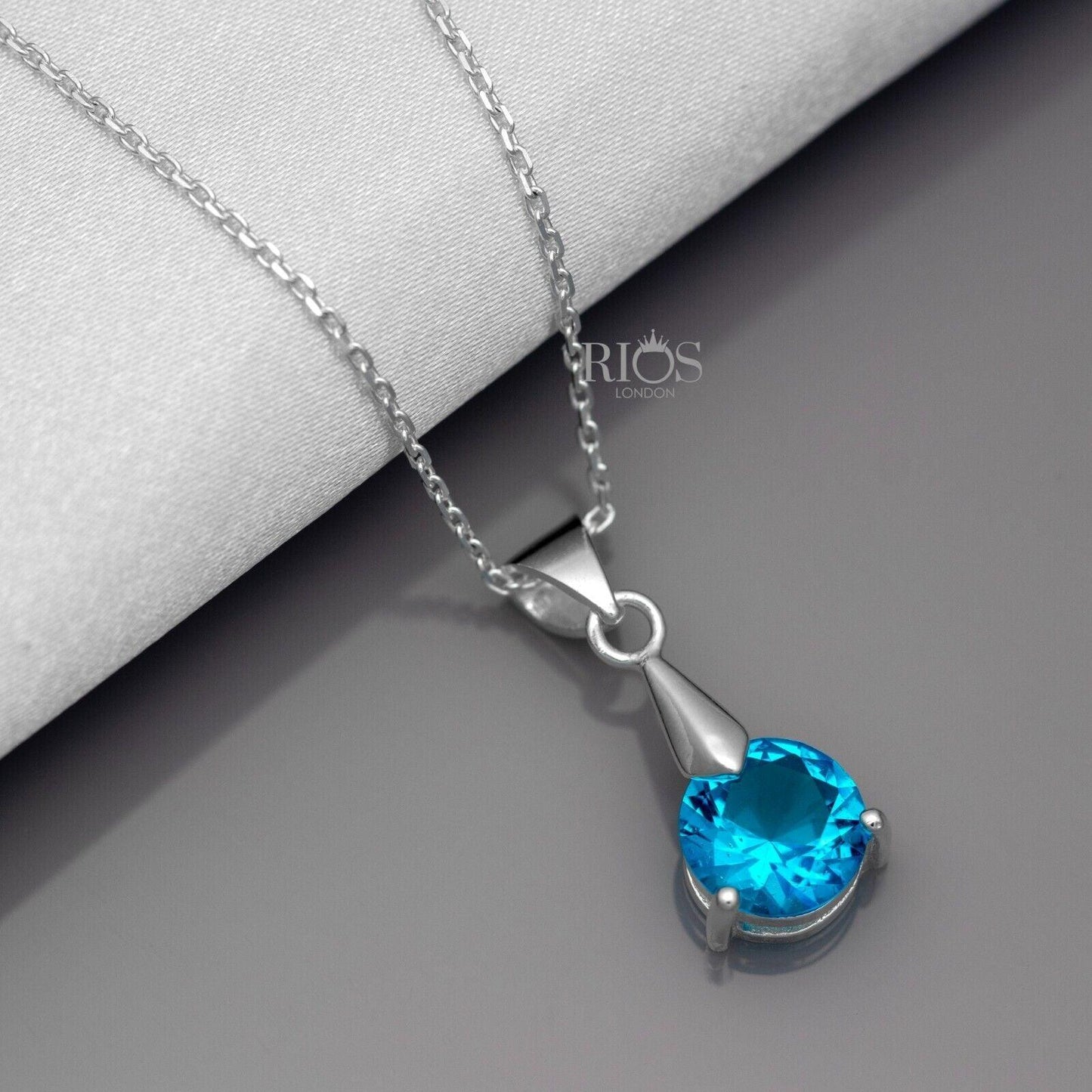 925 Sterling Silver Pendant Necklace Lab-Created Blue Topaz Gemstone Gift Boxed - Rios London