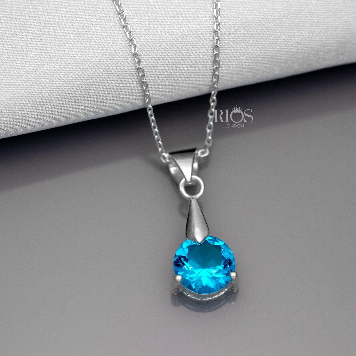 925 Sterling Silver Pendant Necklace Lab-Created Blue Topaz Gemstone Gift Boxed - Rios London