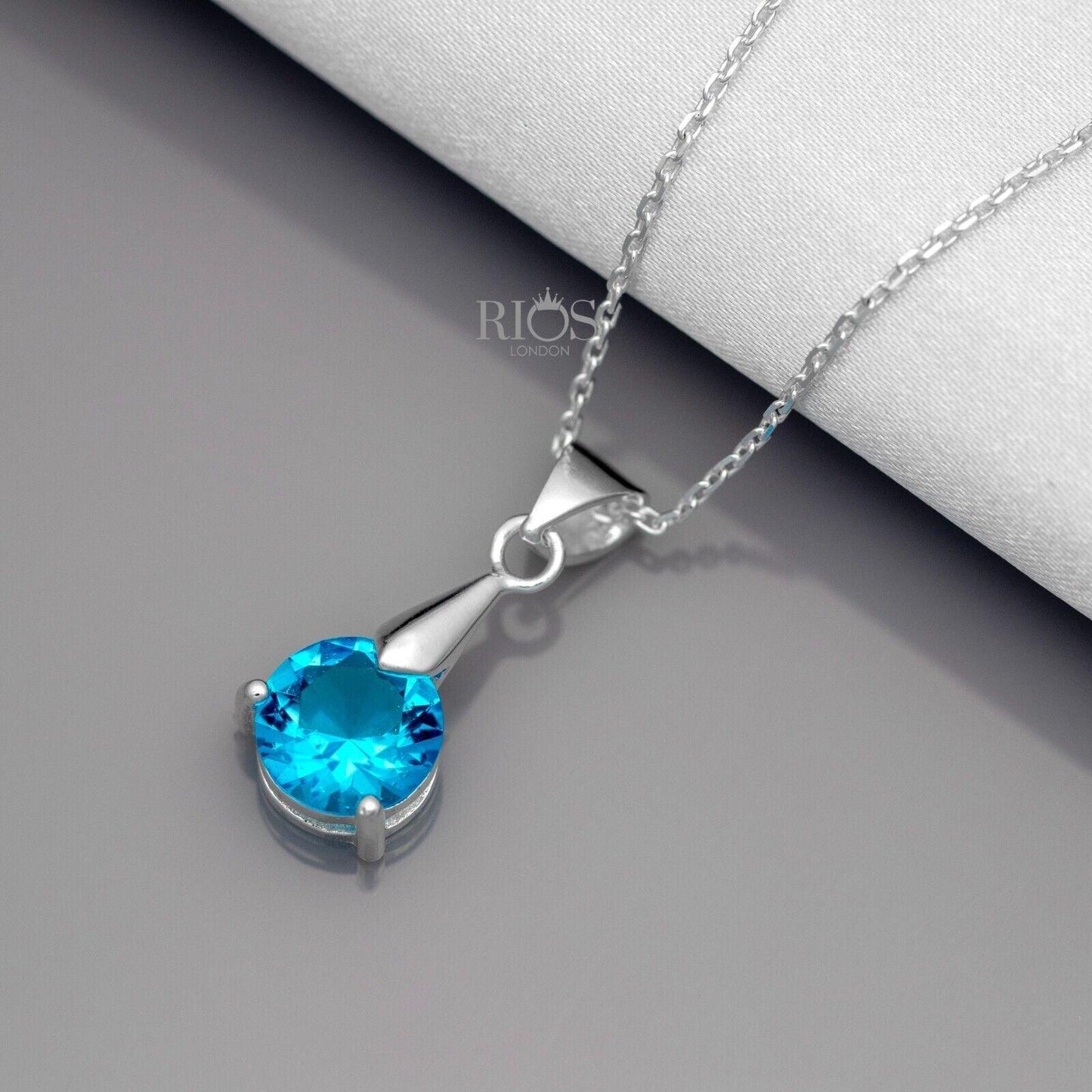 925 Sterling Silver Pendant Necklace Lab-Created Blue Topaz Gemstone Gift Boxed - Rios London