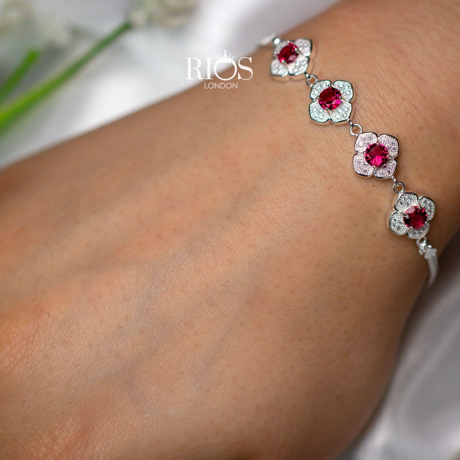925 Sterling Silver Pink Tourmaline Lab-Created Birthstone Bracelet Gift Boxed - Rios London