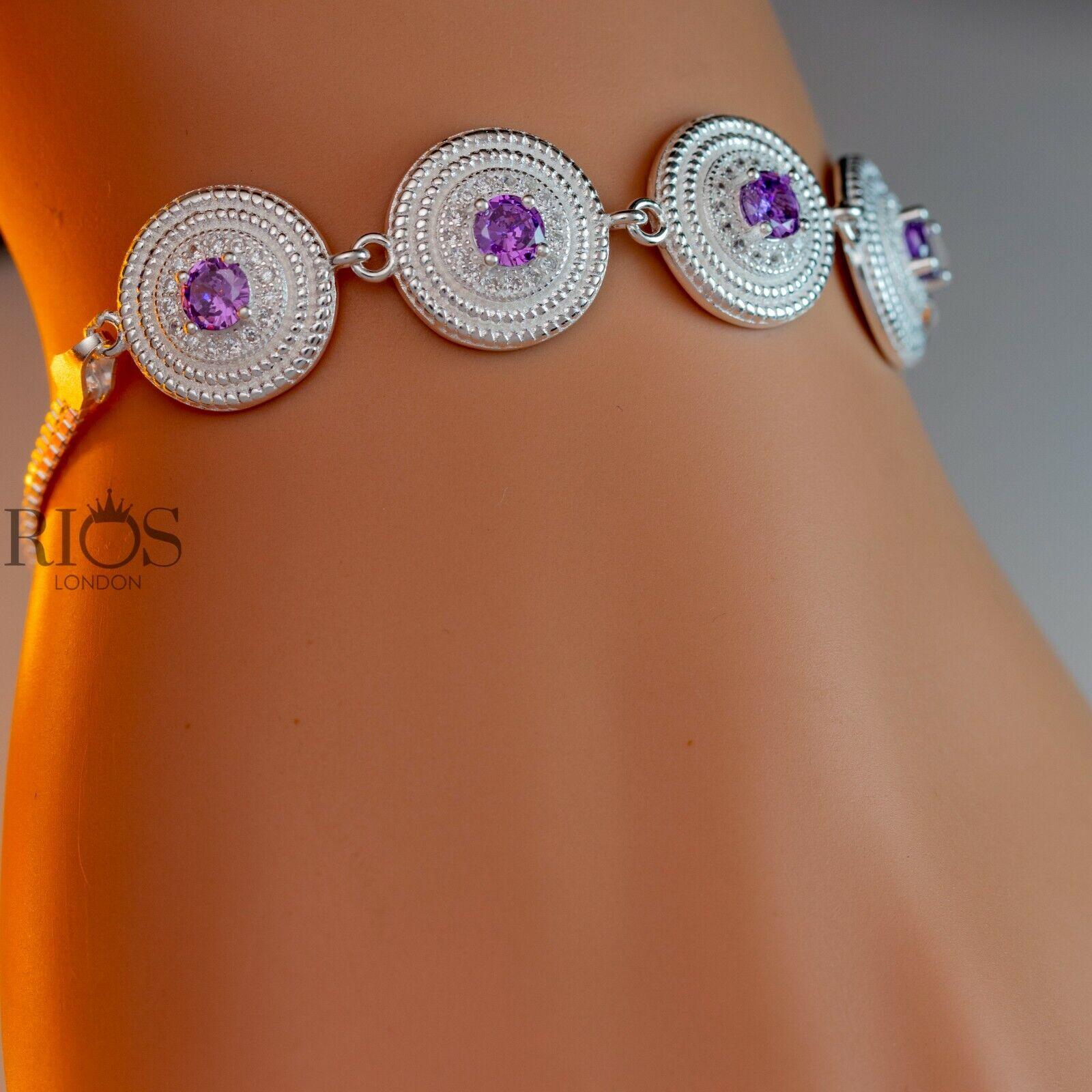 925 Sterling Silver Purple Ladies Round Bracelet Lab-Created Amethyst Boxed - Rios London